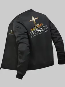 Men's Vibrant Religious Pattern Print Pilot Jacket, Jesus Savior Back Design, All-Season Zipper Casual Outerwear with Baseball Collar and Pockets