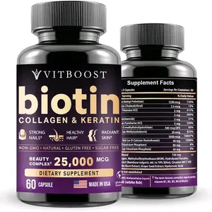 Hair Growth Supplement with Biotin, Hyaluronic Acid, Collagen and Keratin - 25000 mcg Vitamins for Men and Women - Nails and Skin Care - B1, B2, B3, B6, B7 Complex - 60 Capsules USA Made Healthcare