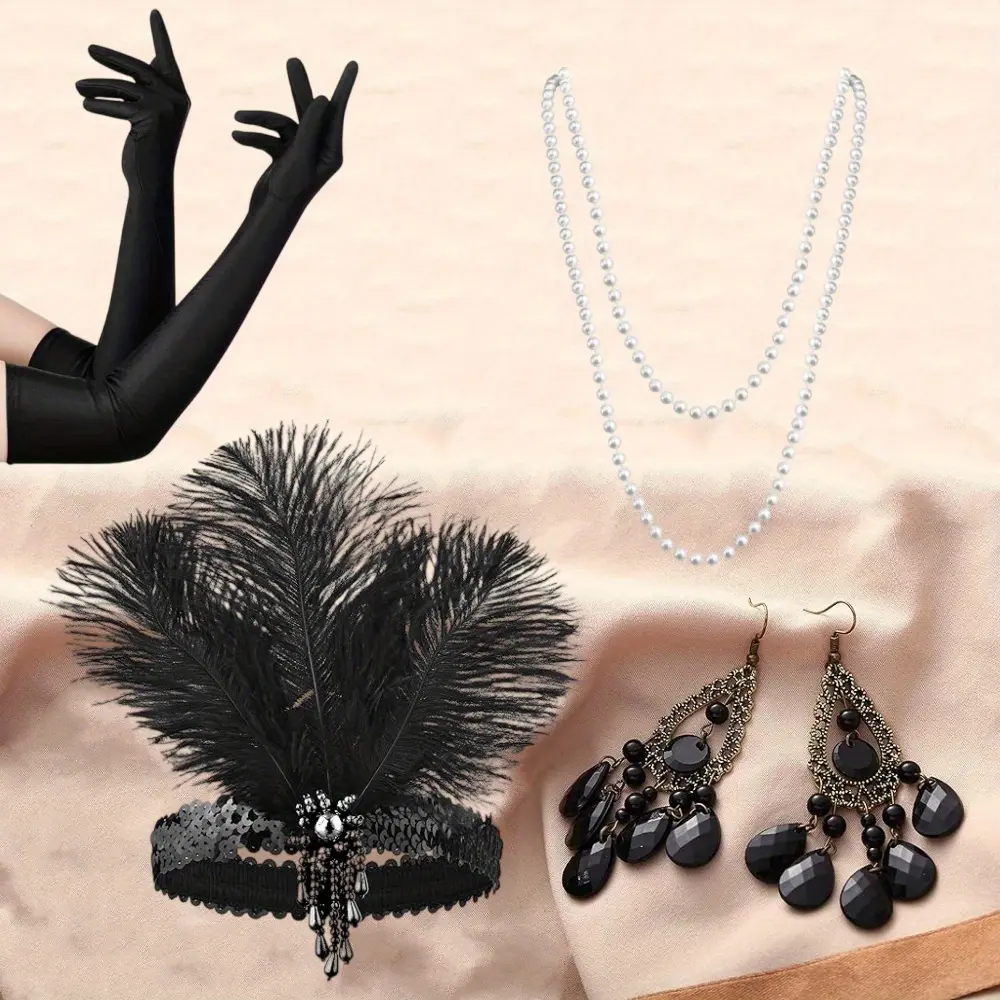 Women's 1920s Theme 4-Piece Accessory Set - 1 Size Fit, Black Satin Long Gloves, Blinking Crystal Rhinestone Feather Headband, Faux Pearl Necklace, Dangle Earrings, Elastic Band, Cos-Play Costume, Great Gatsby Party Wear