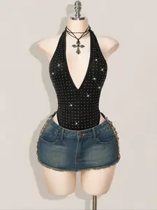 Women's Fashion Sexy Backless Deep V Rhinestone Bodycon Bodysuit Jumpsuit, Slim-Fitting Sparkling Overall Top for Women