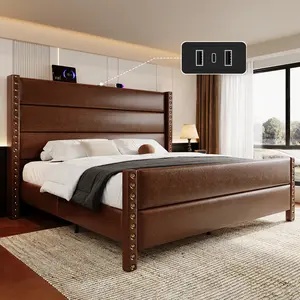 Modern Brown Leather Bed Frame with USB Charging, Tall Upholstered Headboard, No Noise, Easy Assembly – Bedroom Upgrade Must-Have