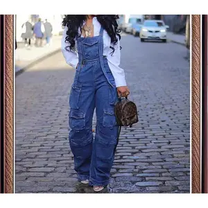 Women's Loose Denim Overalls Women's Spring Street Fashion Multi-Pocket Jumpsuit