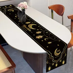 Ramadan Kareem Table Runner with Lantern & Moon Print, Luxurious Fabric Table Decor, Perfect for Iftar Banquets & Festive Dining
