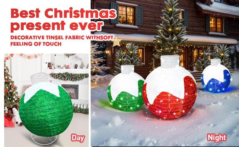 Christmas Outdoor Decoration, Christmas Ball lights, 3-Piece Pop-Up Christmas Ball Set with 184 LED Lights, Pre-Lit Iridescent, 3D Glittered Standing Holiday Display for Outdoor Ornaments