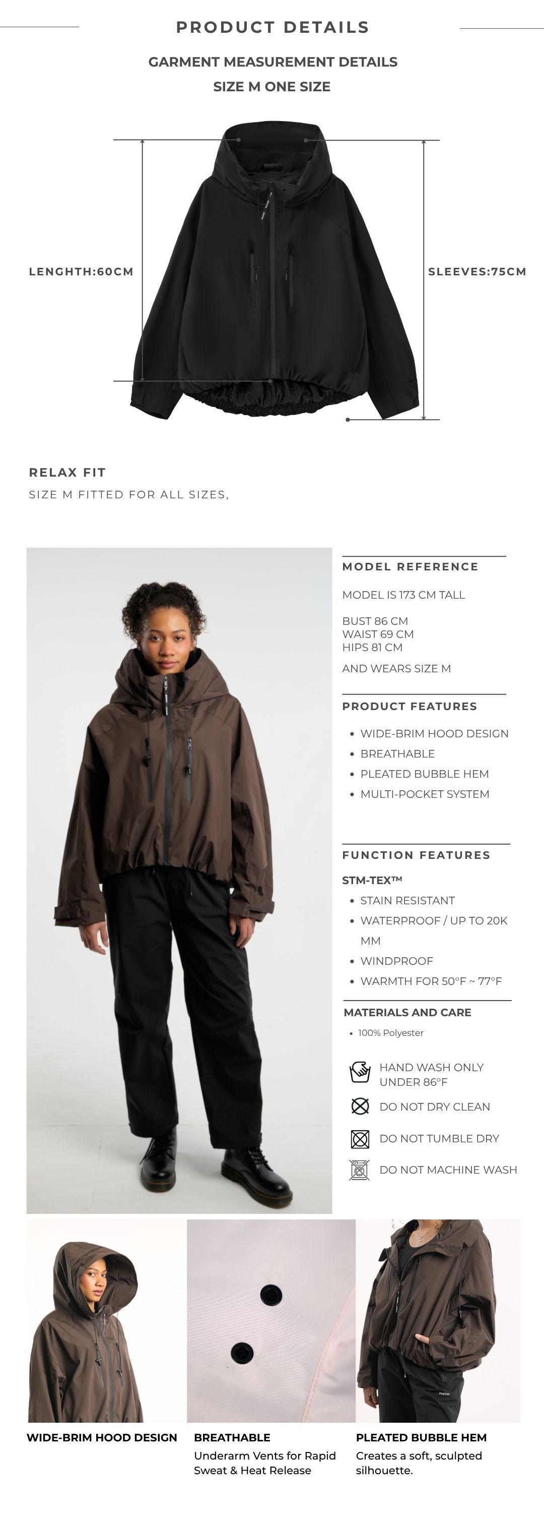 【Restocked】PUFFIT STM-TEX Short One-Size Rain Jacket With Pleated Hem,Hooded Jacket,Waterproof Jacket,Women Jacket,Wide-Brim Hood,Adjustable Cuffs,Zips,Outdoor Sport,Jacket,Statements,Windbreaker,Spring,Dog Walking,School Running,Football Mum,Stylish