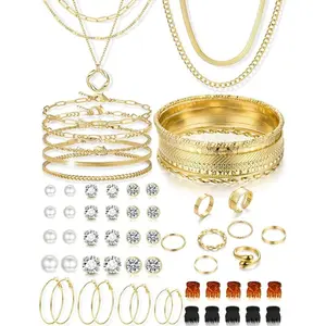 56PCS Gold Jewelry Set for Women, Layered Necklaces Bracelets Rings Earrings Hair Accessories