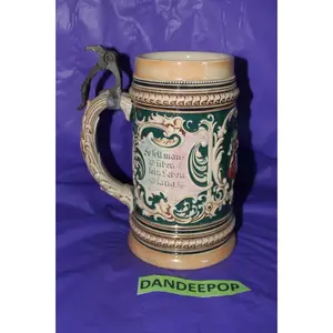 German Pewter Lidded Ceramic Decorative Beer Stein #202 8" tall