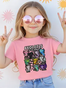 1pc Girls' Summer Casual T-Shirt "Axolotls of the World" Cartoon Print, Pink Short Sleeve Tee with Colorful Axolotl lllustrations, Lightweight & Breathable Fabric for Outdoor Play, Cute T Shirts, Graphic Print Shirt