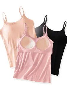 3pcs Women's Built-In Bra Tank Tops Seamless No Bra Needed Camisoles with Adjustable Layered Straps  summer  beach Yoga & Vacation Essentials Padded Womenswear  string fitted Breathable Basic Minimalist Short Sleeveless Nylon Style western outfits women