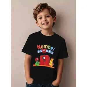 Vibrant Graphic Tee Featuring Number Blocks for Boys, a Black Shirt Adorned with Colorful Text And Playful Block Characters, Ideal for Casual Wear And Playtime Comfort (3-13Y)