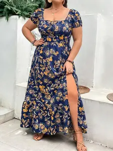 【Plus Size】 Floral Print Split Thigh Tie Front Casual Backless Dress, Boho Square Neck A Line Dress for Summer, Women's Clothes for Beach Holiday Vacation, Bohemian, Boho Style Dresses