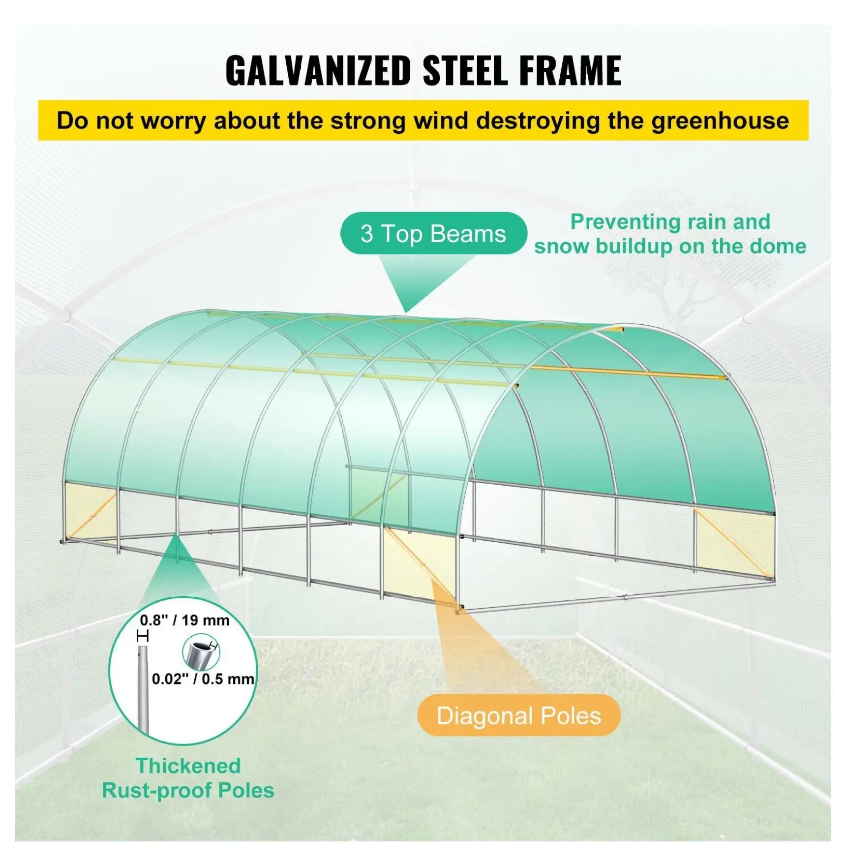 Walk-in Greenhouse 20x10x7 ft, Portable Plant Tunnel with Galvanized Steel Frame, 3 Beams, 4 Diagonal Poles, 2 Doors & 12 Windows, Green Default