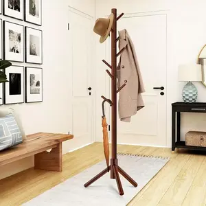 Wooden Coat Rack, Free Standing Coat Rack with 8 Hooks 3 Adjustable Heights for Clothes, Hats, Handbags, Coat Tree Easy Assembly for Entryway, Bedroom, Hallway, Office Minimal Organizer Living Room Storage Home Interior Organizing