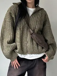 Women's Zipper Up Lapel Cable Knit Long Sleeve Cardigan Sweater, Autumn/Winter Casual Loose Fit Thick Warm Cozy Chunky Fashion Knit Cardigan, Women Fall Outfit, Women Winter Outerwear, Sweater Coat Jacket