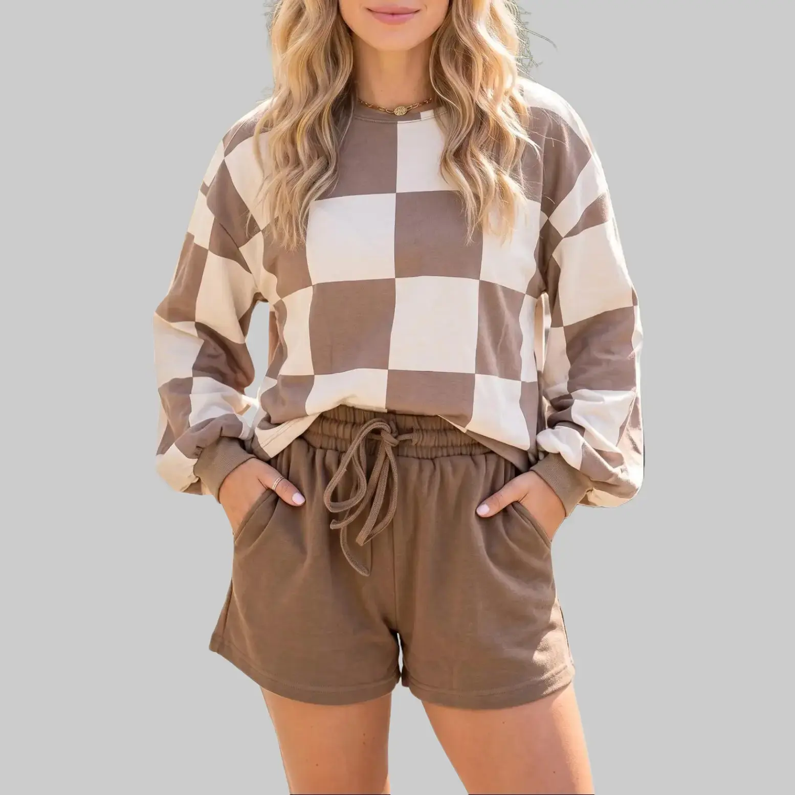 S-4X Plus Size Checkerboard Plaid Long Sleeve Solid Drawstring Shorts Two Piece Set for Women, Trendy Checkered Streetwear Matching Outfit, Soft Loose Casual Loungewear Tracksuit with Side Pockets,Suitable for Regular & Curvy Figures