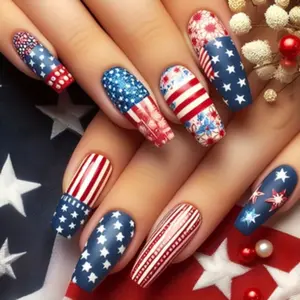 Mid-Length Ballet Style July Fourth False Nails, Star Striped Sparkling Fireworks Design, Glossy Finish, Perfect for Independence Day Celebrations