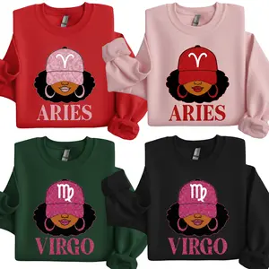 [Full 12 Zodiac] Zodiac Vibes Sweatshirt – Aries & Virgo Glitter Afro Girl Crewneck, Stylish Astrology Gift for Women, Sparkly Zodiac Sign Pullover for Birthday or Holiday
