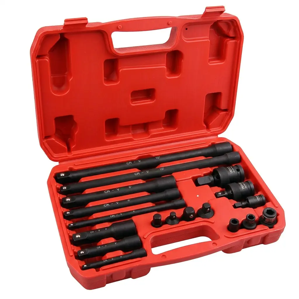 18-Piece Chrome Vanadium Alloy Steel Impact Wrench Extension Set - 1/4", 3/8", 1/2" Drive Marked Sizes Deep Adapters, Bars, 3 Ratchet Heads, Universal Joint, Convenient Storage - Rust-Resistant Complete Accessory for Mechanic Tasks, Outdoor Repairs