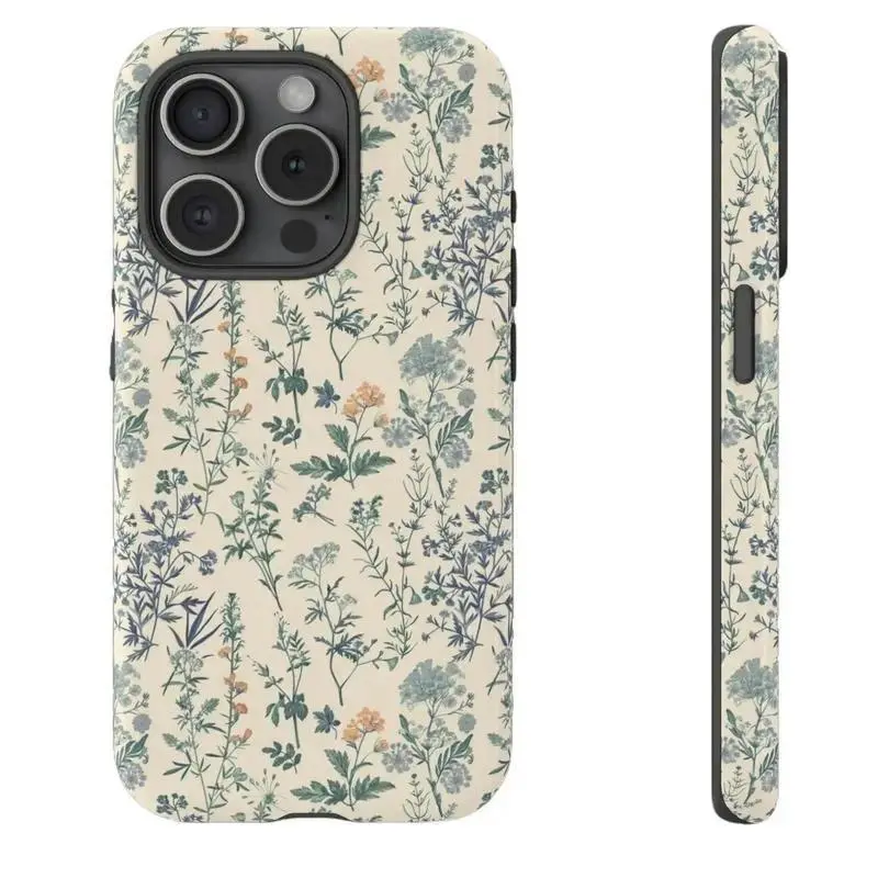 Vintage Blue Botanical Floral Phone Case — Compatible with Samsung S26/S25/S24/S23/S22/S21 and iPhone 17/16/15/14/13/12/11 Phone Cases. Stylish, drop-resistant, and non-slip cottagecore aesthetic cover for women.