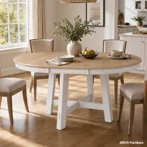 Farmhouse Round Wood Veneer Extendable Dining Table Set - ARCH TREXM X-Shaped Base Kitchen Table, 16" Leaf, Natural Oak Wood + Antique White Finish, Farmhouse Table Set