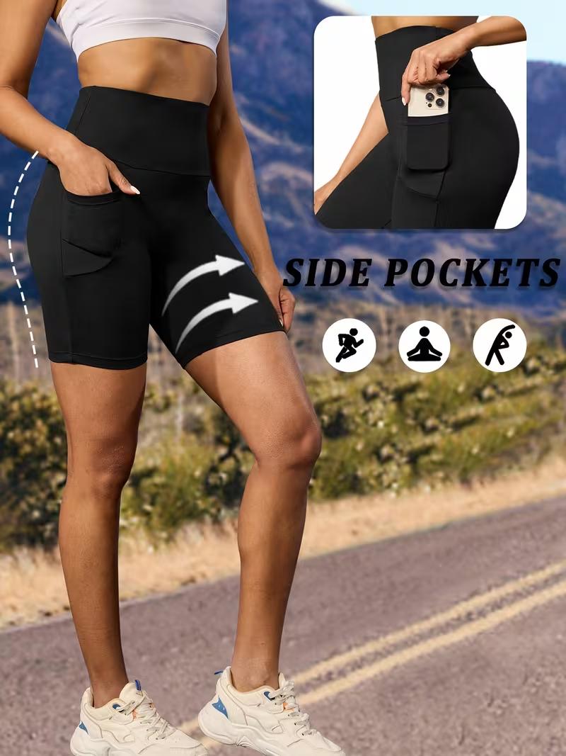 5-Pack Women's High-Waisted Workout Shorts – Tummy Control, Breathable & Quick-Dry with Pockets for Running, Cycling & Fitness,Women's outdoor sports shorts, sportswear, elastic fabric, quick-drying and opaque