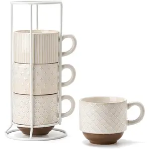Large Ceramic Coffee Mug Set of 4 with Stand, 15 Oz Stackable Different Embossment Ribbed Latte Cup Set for Cappuccino, , Hot Cocoa, Drinks - Dishwasher & Microwave Safe,