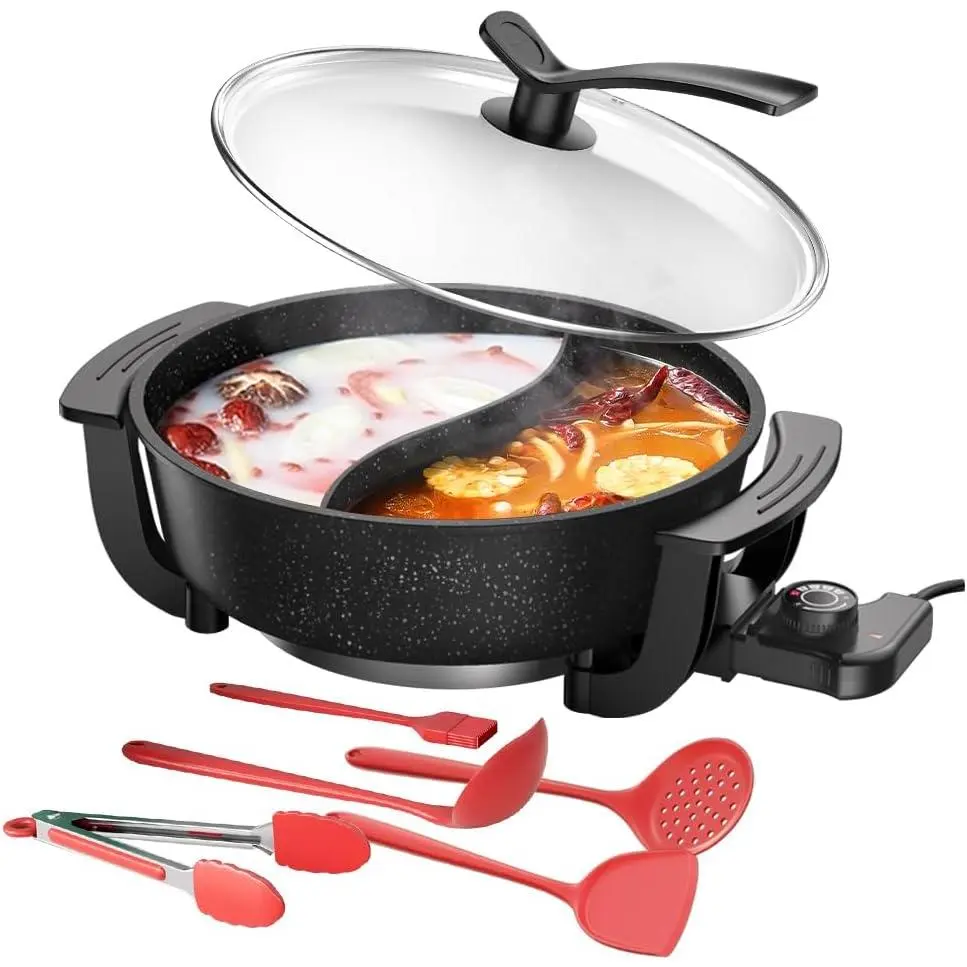 6L Aluminum Electric Hot Pot Set, Dual-Side Heating Non-Stick Smokeless Divided Cookware with Compartments for Large Family Meals, Heat-Resistant Black Kitchenware w/ Removable Ladle, Tongs, Oil Brush, Easy-to-Clean