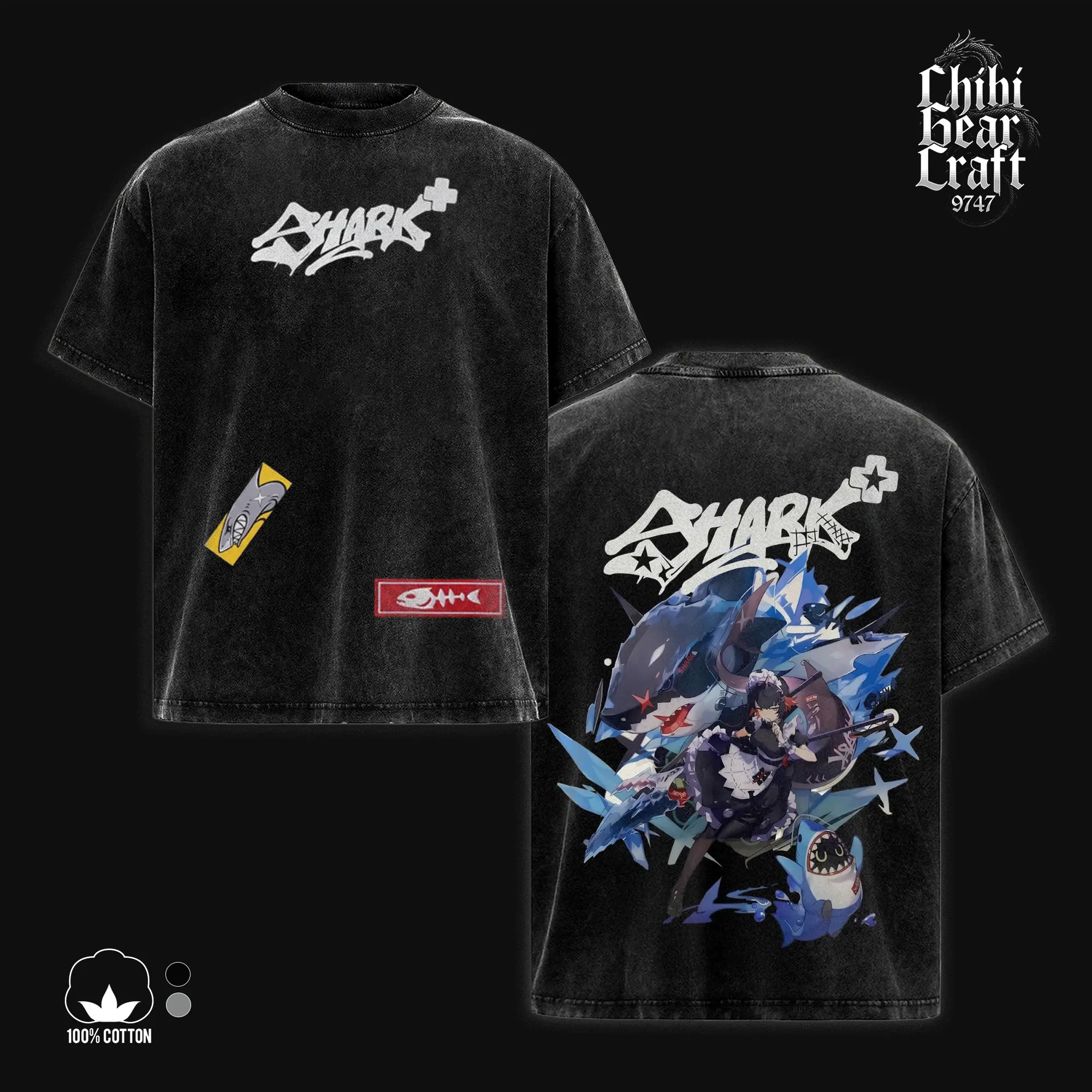 Men's Zenless Zone 0 Classic Cotton Fabric T-Shirt - Ellen Joe Shark Maid Victoria Housekeeping ZZZ Vintage Washed Oversized Anime Gaming Graphic Apparel, Faded Ice Graffiti Streetwear Y2K Merch Gift For Game Fans