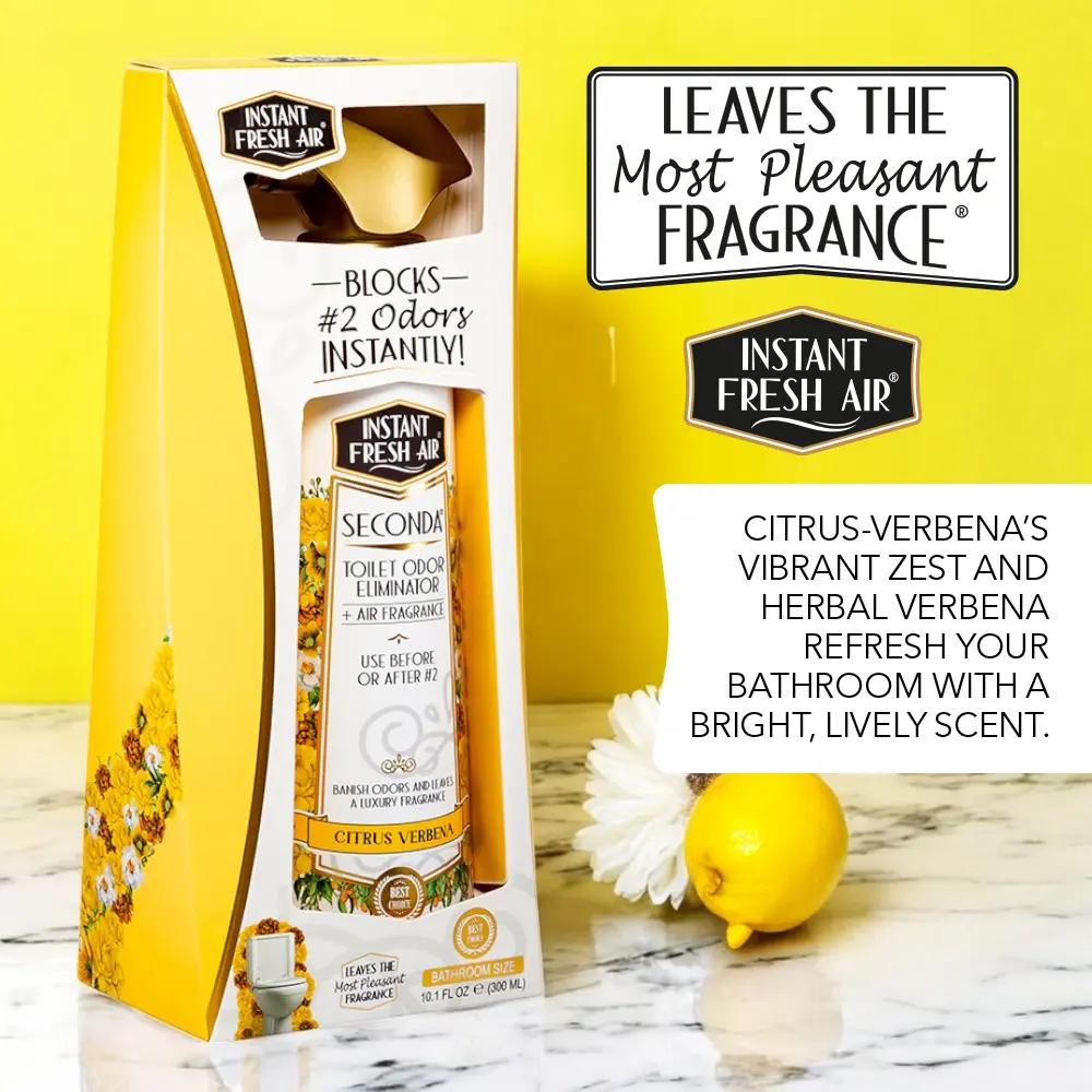 Bathroom-Size SECONDA Citrus-Verbena Toilet Spray Odor Eliminator & Air Freshener 10.1 Oz Safe Formula Alcohol-Free Non-Flammable Scented Deodorizer Blocks #2 Odors Instantly Leaves Pleasant Fragrance Bottle Burst Perfume Aroma Bowl - INSTANT FRESH AIR