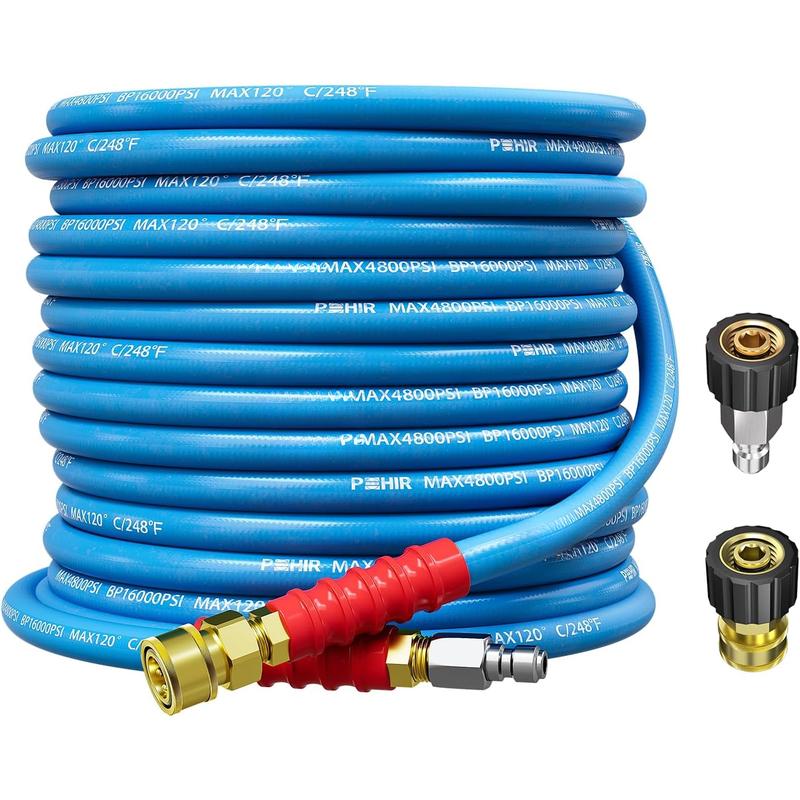 Washer Hose 50FT 3/8" for Cold & Hot Water (Up to 248?) 4800 PSI Kink Resistant Industrial Grade Steel Wire Braided QC Ends with 2 M22-14mm to 3/8" Adapters for Professional and Home