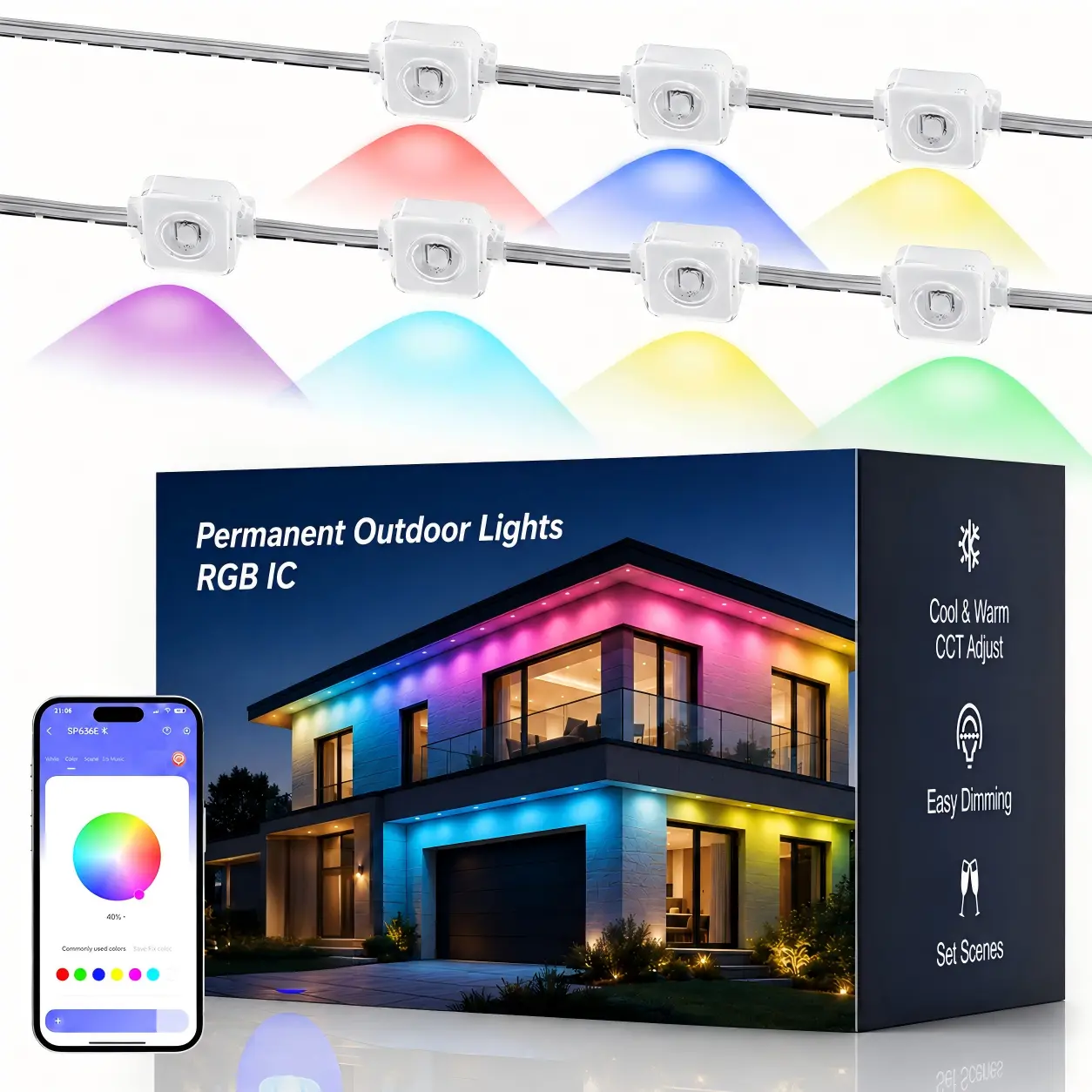 200ft Permanent Outdoor RGBIC LED Roofline Lights, Smart Eave Lighting with App & Remote Control, Dynamic Chasing Effects, DIY Scene Modes, Waterproof for House Exterior, Christmas Decorations, Backyard Gatherings, All Year Use, 4Th Of July Parties