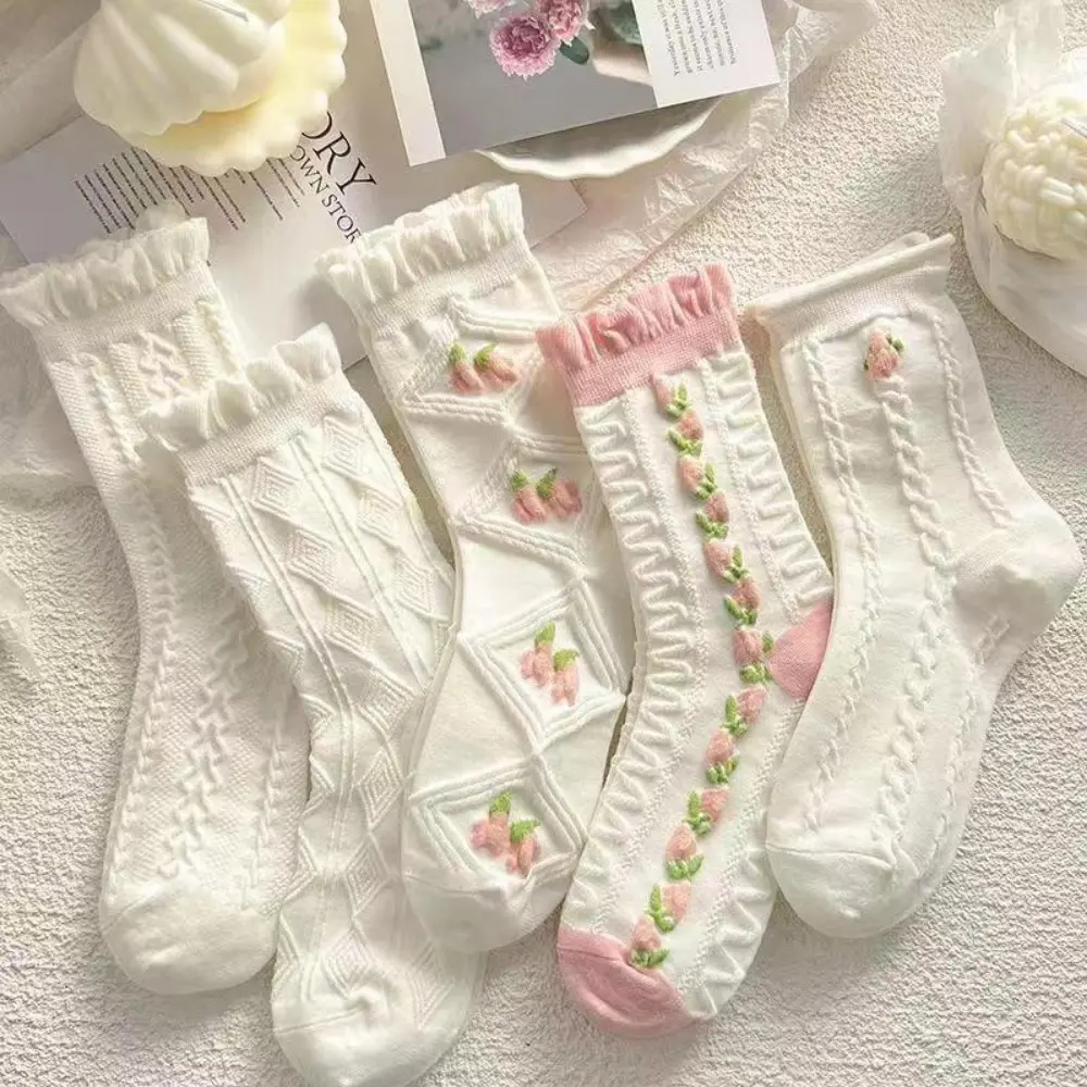 5 Pairs Breathable Mid Tube Socks, Women's Lace Ruffles Ankle Casual Sock, Unique Print Design Soft Cozy Womens Socks