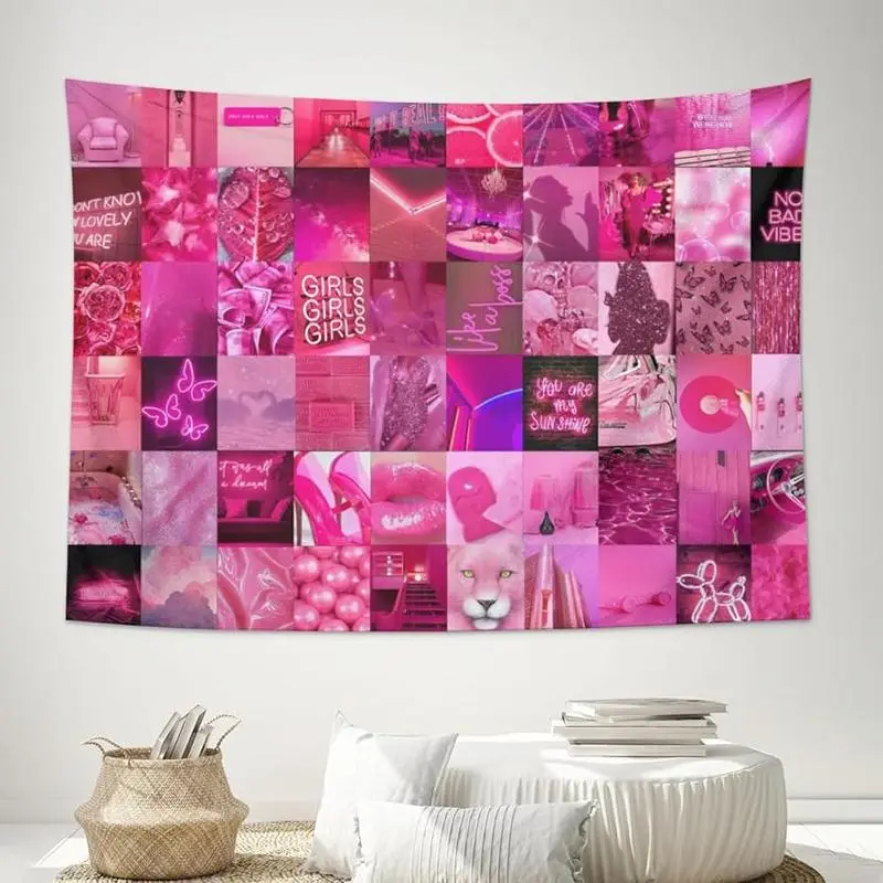 Preppy Cute Pink Collage Tapestry - Crisp Lines, Skin-Friendly Aesthetic Wall Hanging Banner, General Use Gift for Teen Girls, 30x40 in Home Decor for Bedroom Dorm Living Room Party, Party Decor