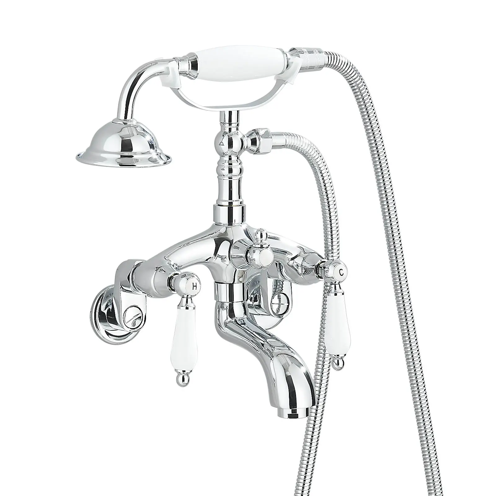 Polished Chrome Modern Industrial Wall-Mount Clawfoot Bathtub Faucet System - 3-9In Center Adjustable Height, Rainfall Shower, Handheld Spray, Waterfall Spout, Included Valve & Hardware, Plumbing-Ready