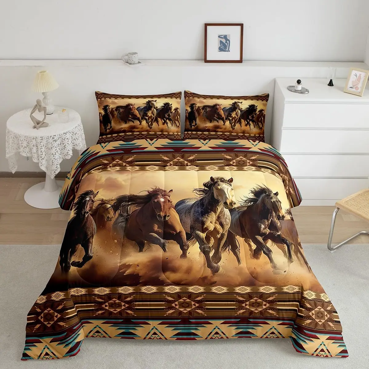 Boho Comforter Set Horses Comforter Southwestern Native Aztec Bedding Set Retro Exotic Boho Duvet Set Room Decor Dark Brown Quilt Set