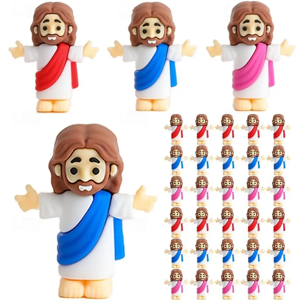 Kawaii Cartoon Rubber Mini Jesus Figures Set - Christian Christianity Religious Home Decor Ornaments with Vibrant Sash, Easter Sunday School Kids Gift & Church Event Party Favors