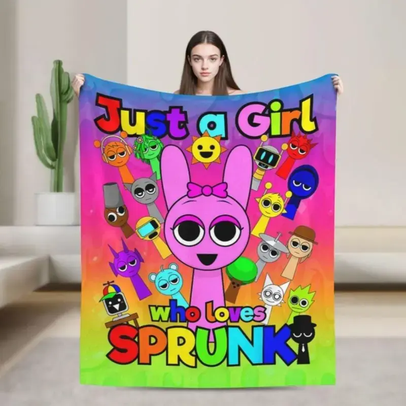Sprunki Game Theme Flannel Blanket - Soft, Whimsical Cartoon Character Pattern Blanket, "Just A Girl Who Loves SPRUNKI" Text, Single-Sided Polyester, Wrinkle Resistant, Fading Proof, for Bed & Sofa, Room Decor, Home