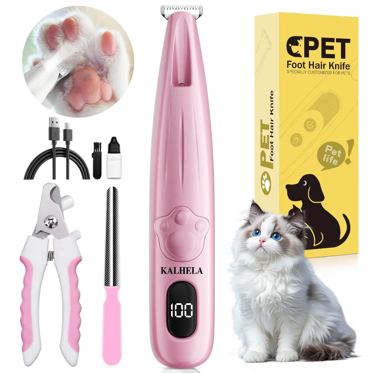 KALHELA Cordless Electric Dog Paw Trimmer with LED Light, Rechargeable Low-Noise Pet Grooming Clippers for Trimming Dog, Cat Hair Around Eyes, Paws, Rump