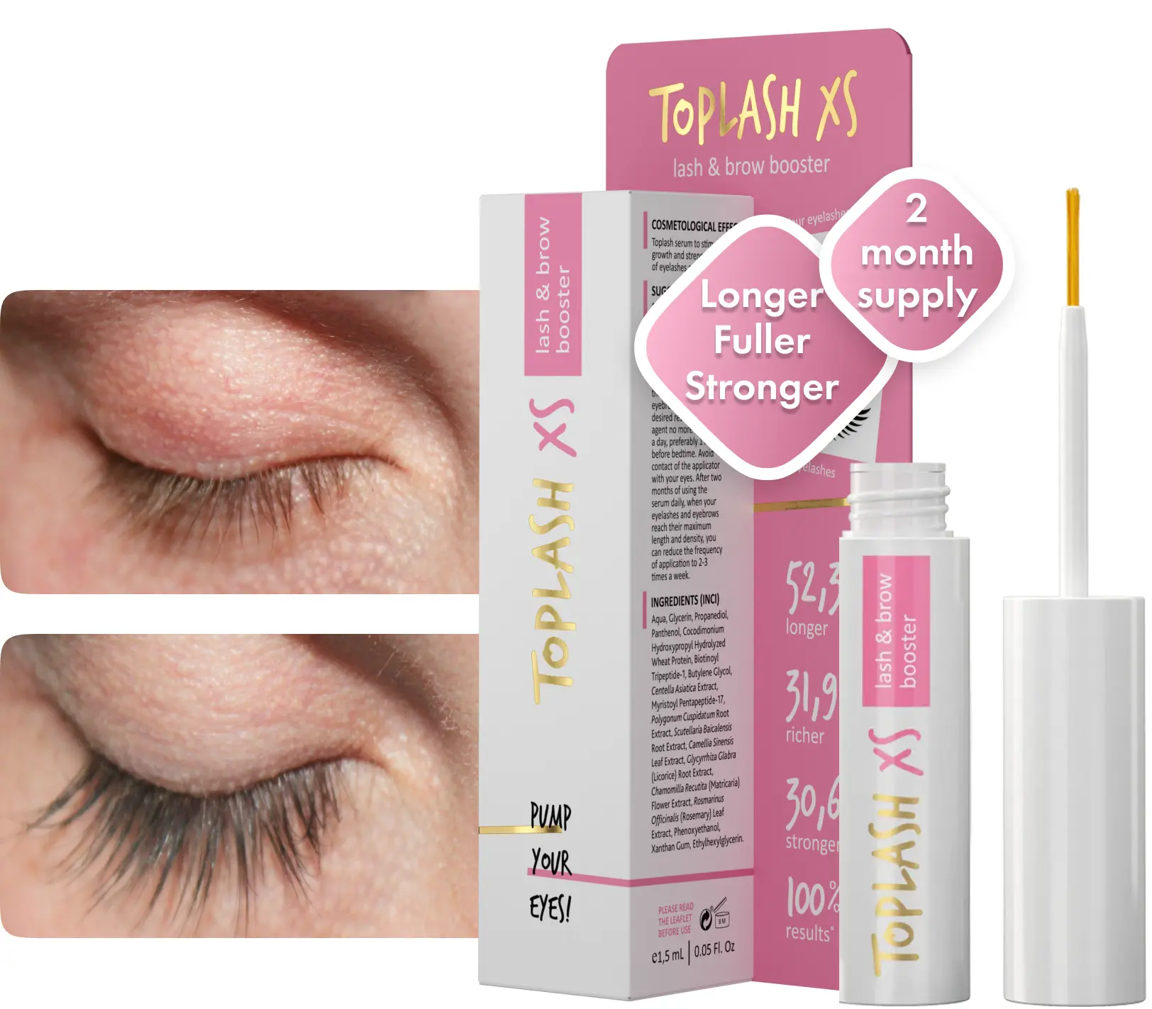 Toplash Eyelash and Eyebrow Growth Serum, Lash Booster with Peptides for Longer, Thicker Lashes, Hypoallergenic Liquid Formula for Eyes, 1.5 ml (3-Month Supply), Lash Serums