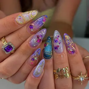Luxury Crystal Gem Press On Nails | Purple & Blue Mermaid Nails | Iridescent Seashell Gold Nail Art | Handmade Fantasy Press Ons
