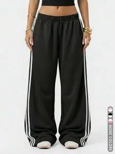 Women's Striped Wide-Leg Pants High-Waisted Loose Fit Casual Long Straight Pant, Vintage Streetwear Style Elastic Waist