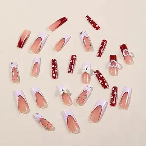 24 Pcs Long Square Fake Nails Strawberry Bow Design, Water Pipe Style Press On Nail Tips for Women & Girls
