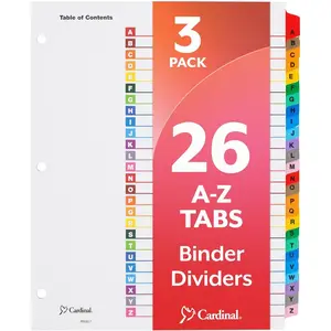 Binder Dividers, A-Z Tabs, 3 Pack, Customizable Table of Contents Page, Reversible Multicolor Tabs, 3-Hole Punched for Binders