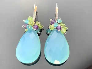 Large Aqua Blue Chalcedony Apatite Amethyst Peridot Cluster Earrings · 925 Sterling Silver Leverbacks · Colorful Gemstone Gift