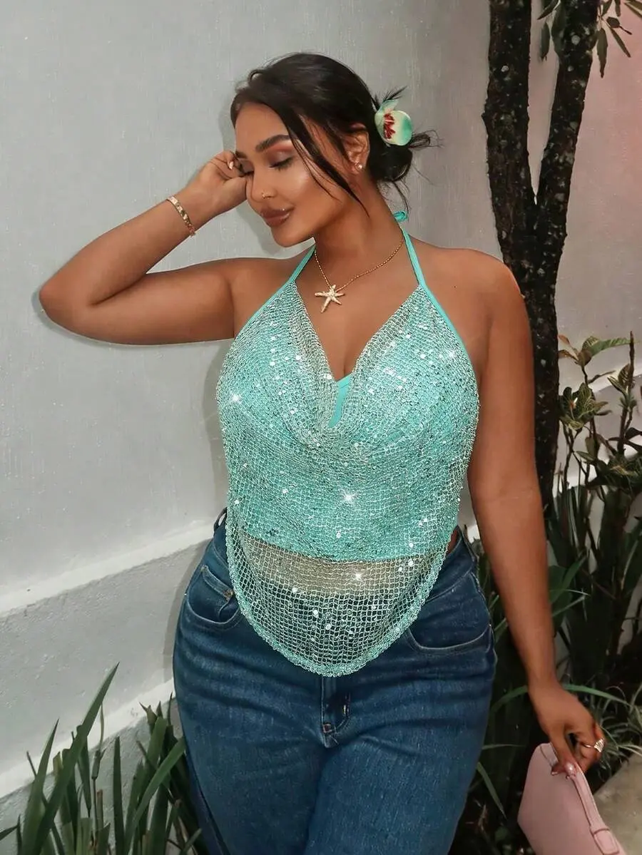 Sexy Sequin Backless Halter Top For Summer - Fall outfit, back to the school outfits.