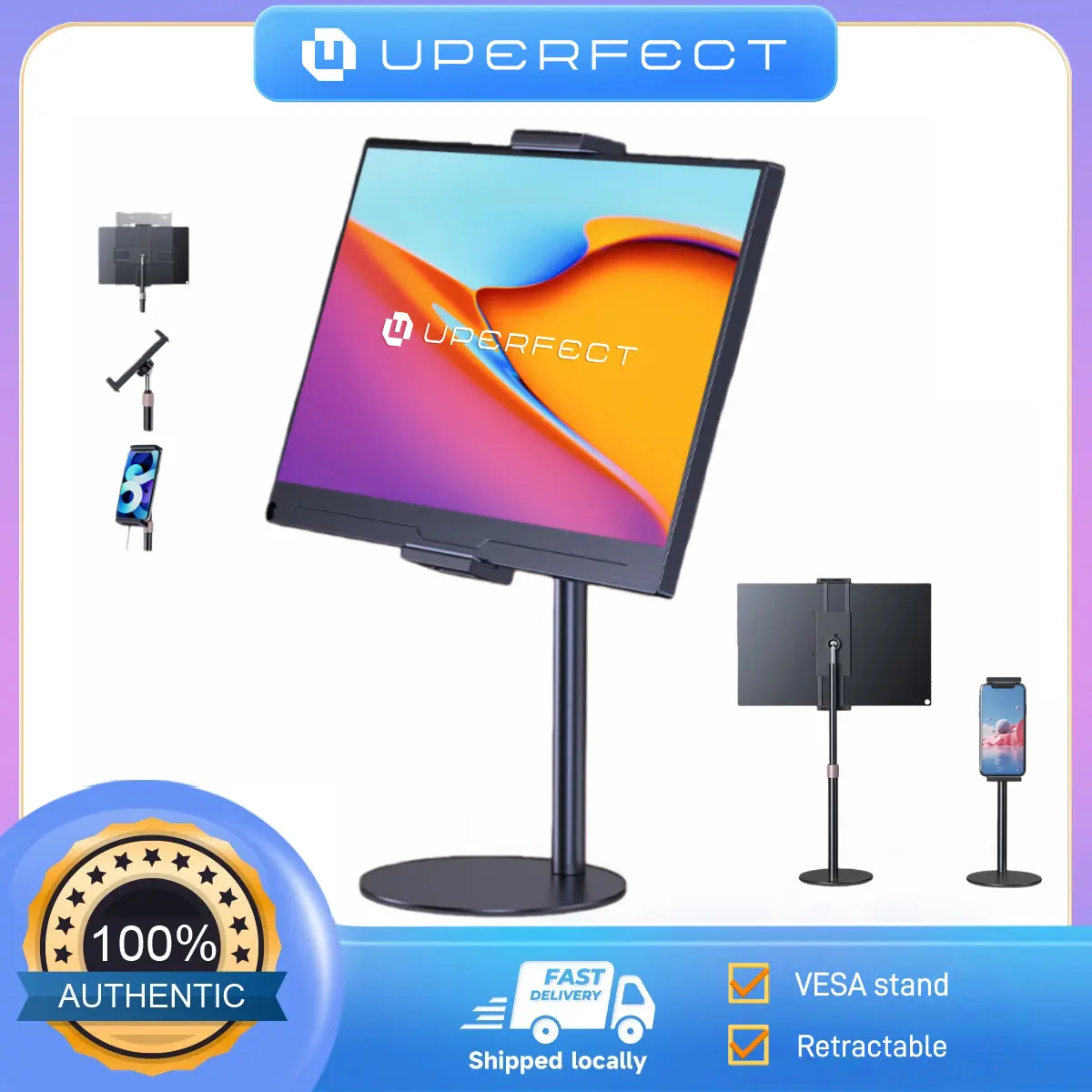 UPERFECT Portable Monitor Stand, 4.7-17.3 inch Adjustable Phone & Tablet Holder, Drill-Free Aluminum Stand for Laptop, Portable Monitor, Smartphone, Gaming Setup, 360° Rotating Desk Accessory