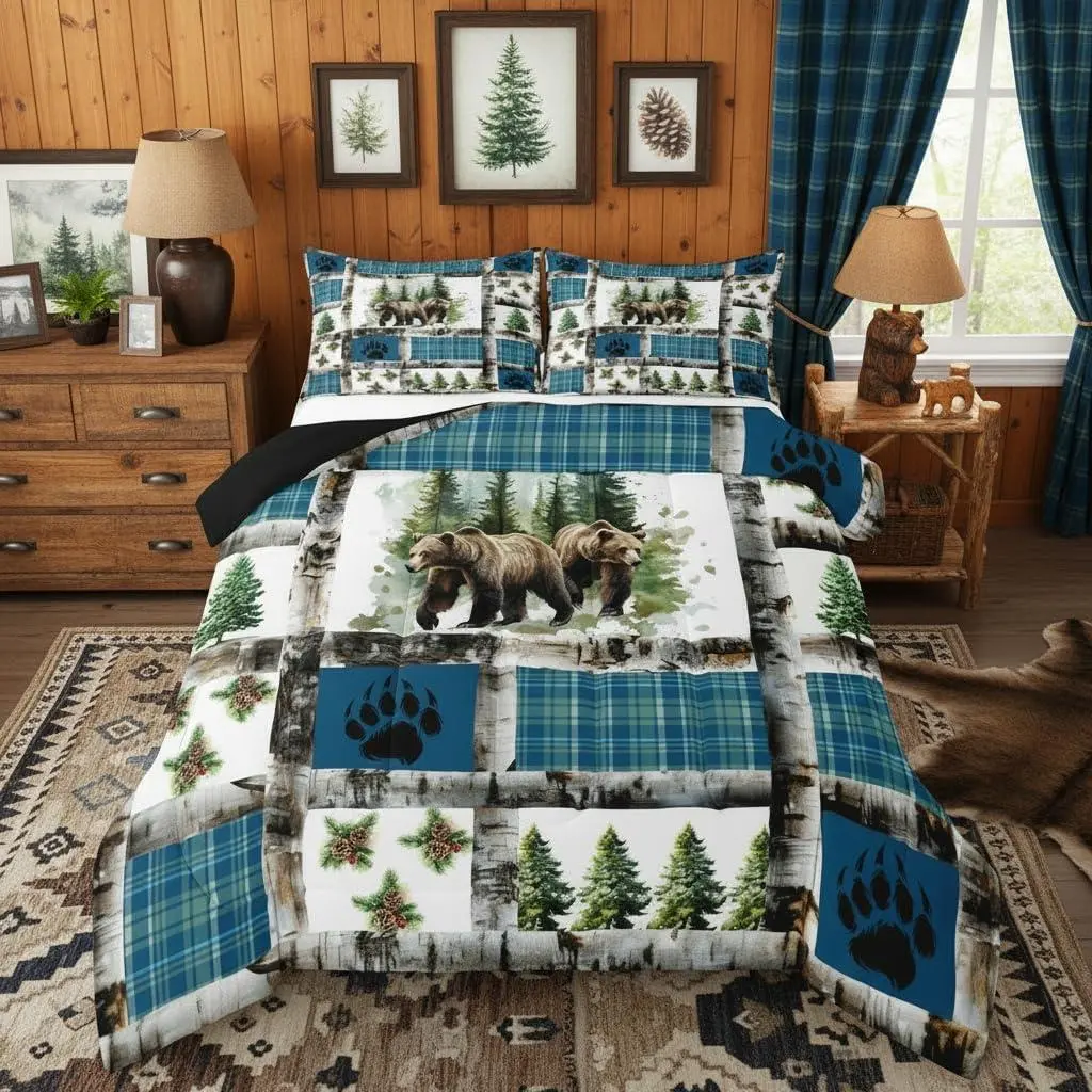 Rustic Bear Bedding Set Hunting Theme Comforter Set Cabin Decor Comforter Blue Plaid Quilt Set Bedding