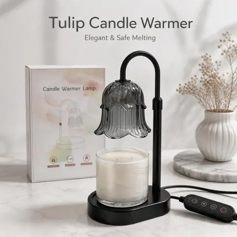 Casual Metal Candle Warmer Lamp with Timer, Customizable Height Adjustment, Wood Base (Feels Grounded), Non-slip Mat, Automatic Power Off - Safe Flameless Home Decor for Scented Wax Cubes/Jar Candles, Garage/Balcony Accessory, Wedding Gift