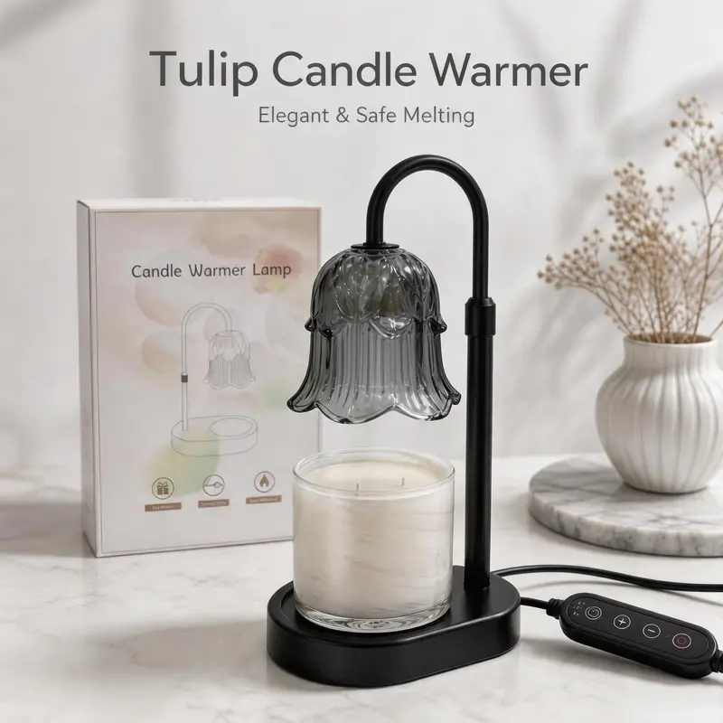 Casual Metal Candle Warmer Lamp with Timer, Customizable Height Adjustment, Wood Base (Feels Grounded), Non-slip Mat, Automatic Power Off - Safe Flameless Home Decor for Scented Wax Cubes/Jar Candles, Garage/Balcony Accessory, Wedding Gift