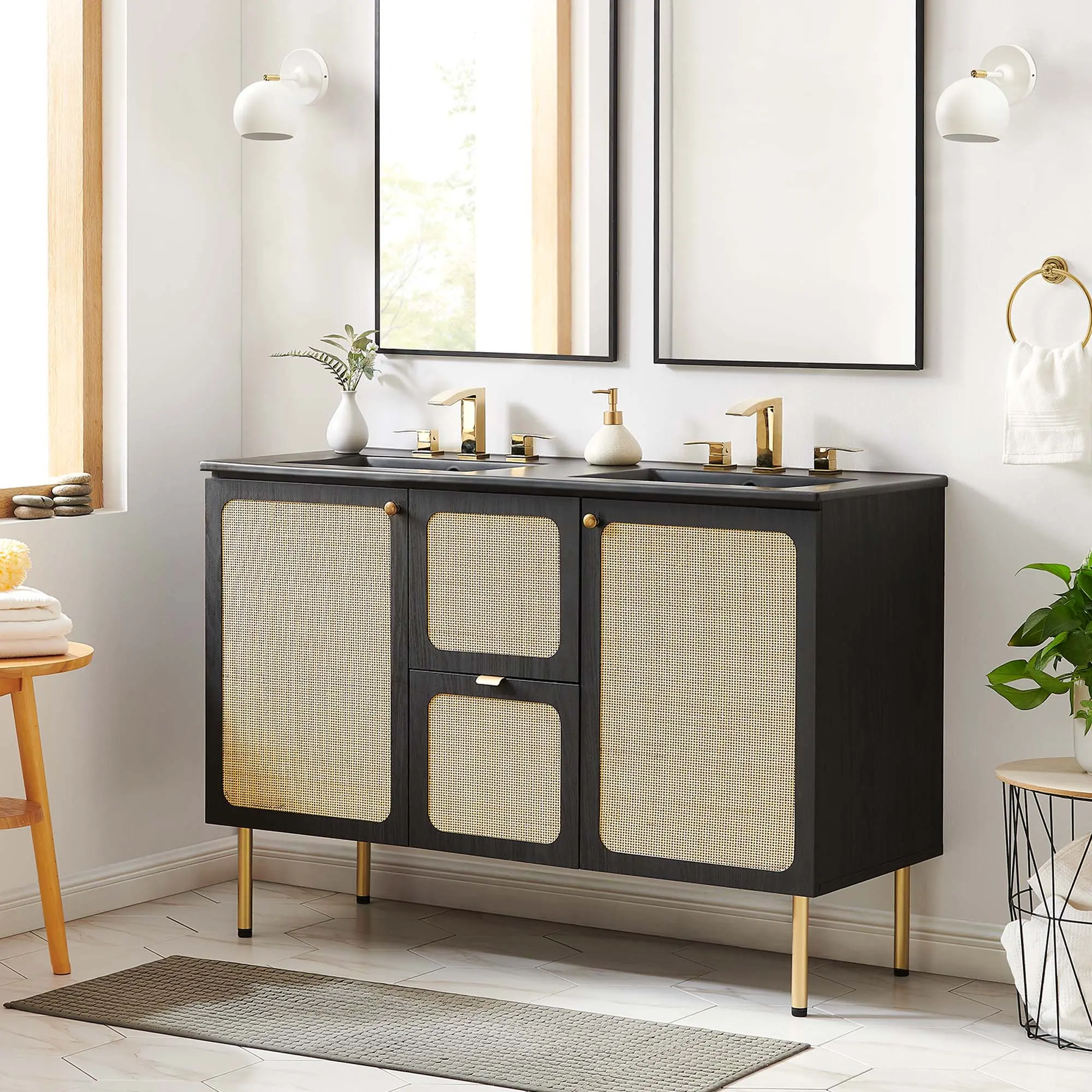 Chaucer 48-in Double Sink Bathroom Vanity, Bathroom Cabinet in Black